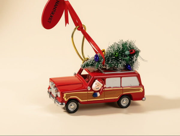SANTA IN RED JEEP WITH CHRISTMAS TREE ORNAMENT