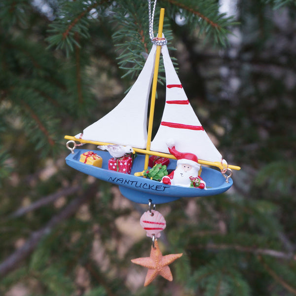 Nantucket Santa & Gifts on Sailboat Ornament